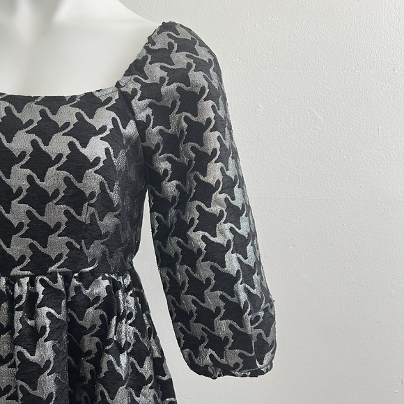 NEW Anthropologie DAMASK houndstooth Dress Balloon Sleeves XSMALL Silver Black - Picture 4 of 10
